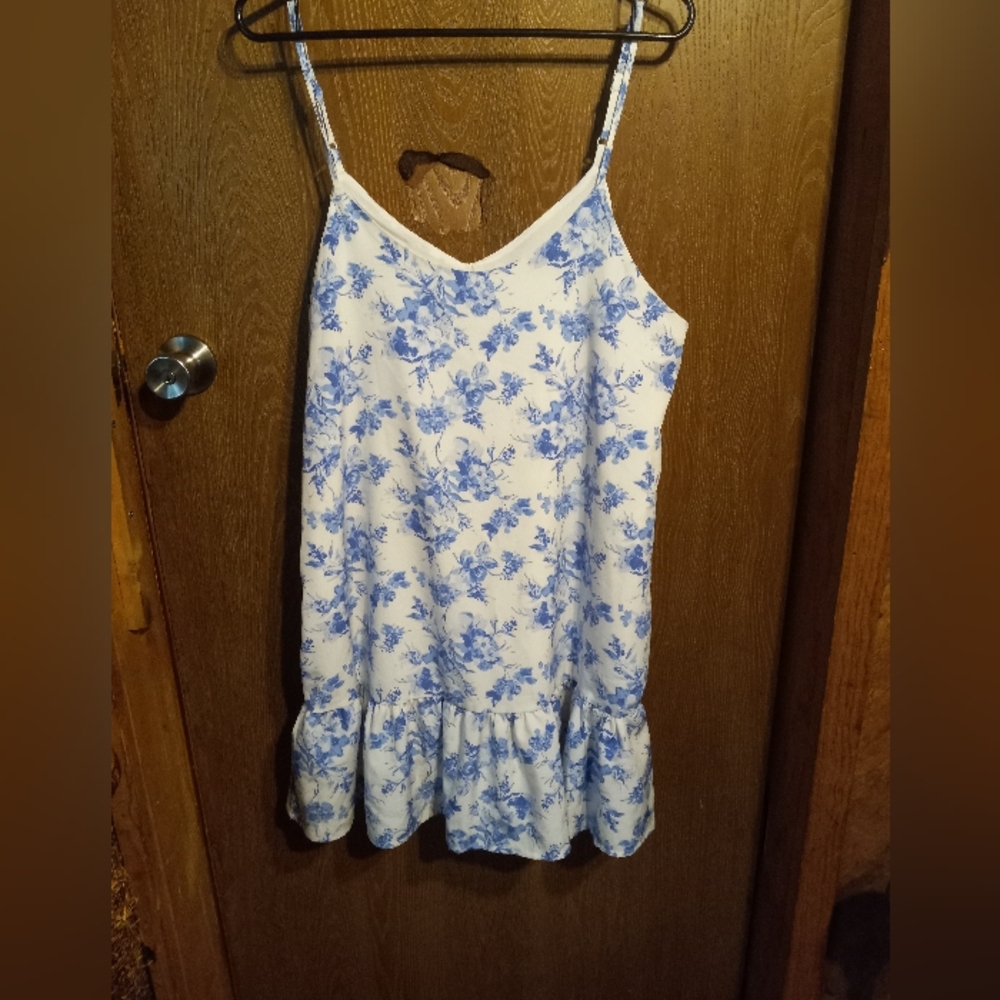 Blue and White Ruffled Mini Sundress with Spaghetti Straps